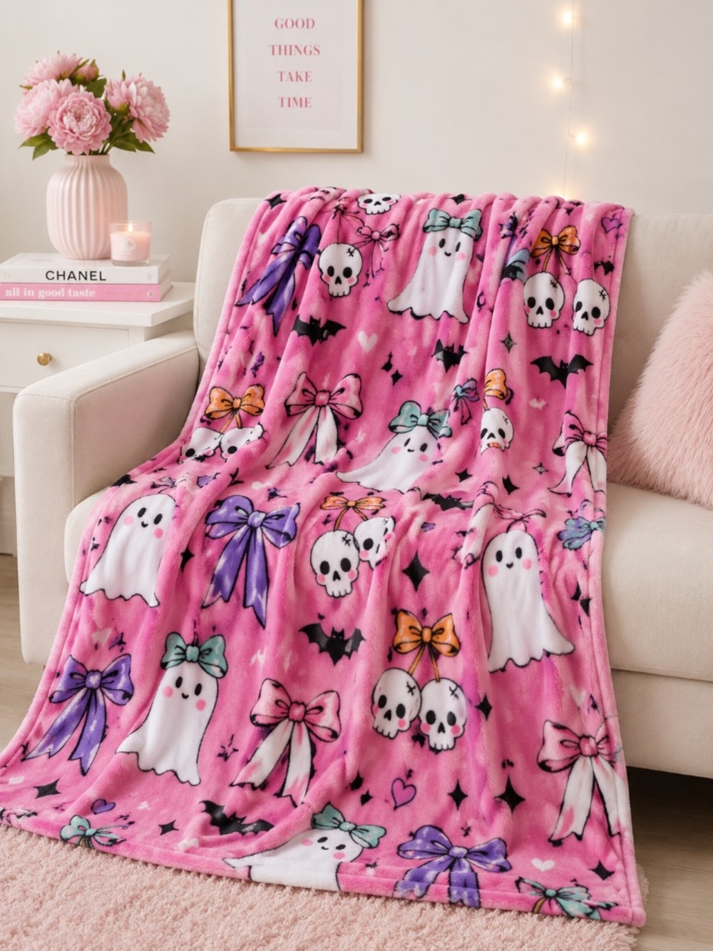 Betsey Johnson Plush Throw Blanket Pink Skull Ghosts 50x70 Ultra Soft Halloween